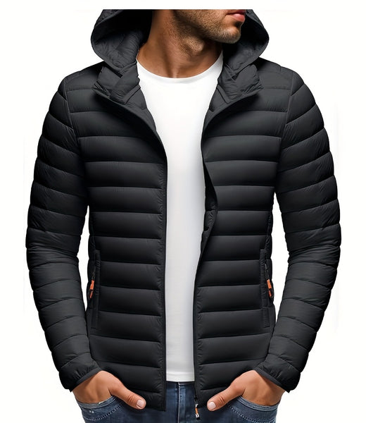 Men's Stand Collar Hooded Jacket - Warm, Windproof Thickened Coat, Detachable Hood, Solid Color Design, Thickened Nylon Fabric for Cold Weather, Casual Style, Zip Closure, Dry Clean Only, Winter Stand Collar Hooded Thickened Coat