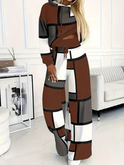 Casual Color Block 2pcs Set, Long Sleeve Hooded Top And Drawstring Pants, Women'S Clothing