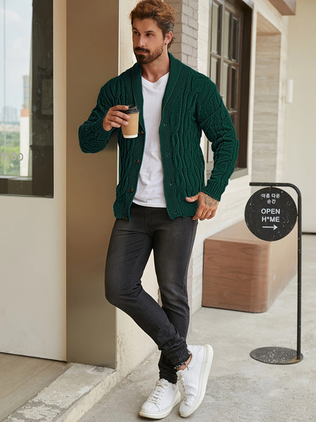 Men'S Solid Cable Knit Cardigan Fall Winter Button-Up Knit Coat