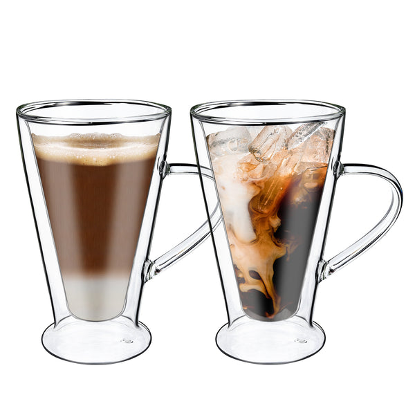 Vinsani Double Walled Coffee Drink Glasses Tea Cup Mug Heat Cold Resistant Aesthetic Clear Borosilicate Glass with Handle Cappuccino Latte Tea Dessert Hot and Cold Drinks
