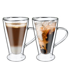 Vinsani Double Walled Coffee Drink Glasses Tea Cup Mug Heat Cold Resistant Aesthetic Clear Borosilicate Glass with Handle Cappuccino Latte Tea Dessert Hot and Cold Drinks