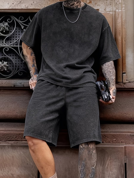 Washed Men'S Clothing 2pcs Set, 100% Pure, Water-Washed Durable And Machine Washable, Men'S Suit T-Shirt Short Sleeve Shorts