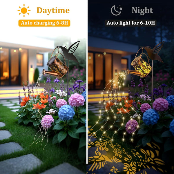 Solar Lights Garden Decorations, LED Watering Can Star Shower Art Light with Hummingbird Bracket, Solar String Lights Waterproof for Garden Patio Yard Pathway Outdoor（Warm White）