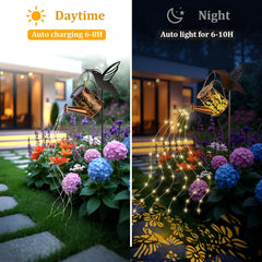 Solar Lights Garden Decorations, LED Watering Can Star Shower Art Light with Hummingbird Bracket, Solar String Lights Waterproof for Garden Patio Yard Pathway Outdoor（Warm White）