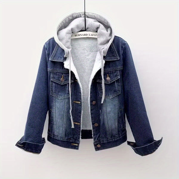 Women's denim hooded winter jacket with pockets - Warm panel design, detachable hood, casual autumn/ winter jacket, comfortable for outdoor wear, Women's winter denim, Cold Weather Wear, Seasonal Fashion, Retro Style, Quality Stitching, Casual Attire