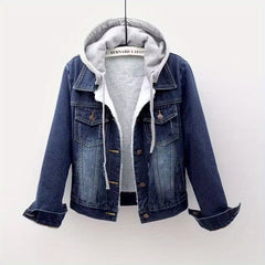Women's denim hooded winter jacket with pockets - Warm panel design, detachable hood, casual autumn/ winter jacket, comfortable for outdoor wear, Women's winter denim, Cold Weather Wear, Seasonal Fashion, Retro Style, Quality Stitching, Casual Attire