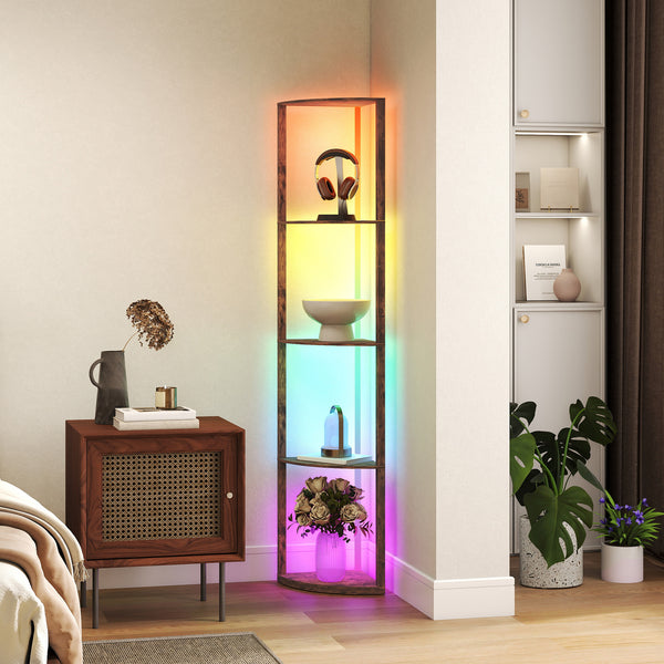 LED Floor Lamp with Shelves, 5-Tier Dimmable Standing Lamp with Adjustable Brightness and Foot Switch, Modern Corner Display Shelf Unit for Living Room Bedroom Office