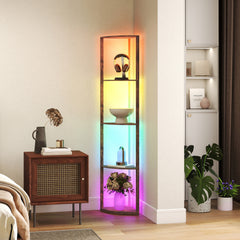 LED Floor Lamp with Shelves, 5-Tier Dimmable Standing Lamp with Adjustable Brightness and Foot Switch, Modern Corner Display Shelf Unit for Living Room Bedroom Office