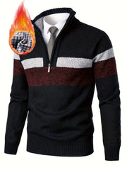 Men'S Thickened Knitted Pullover Sweater with a Color Block Design And Stand Collar, Made from Plus Velvet