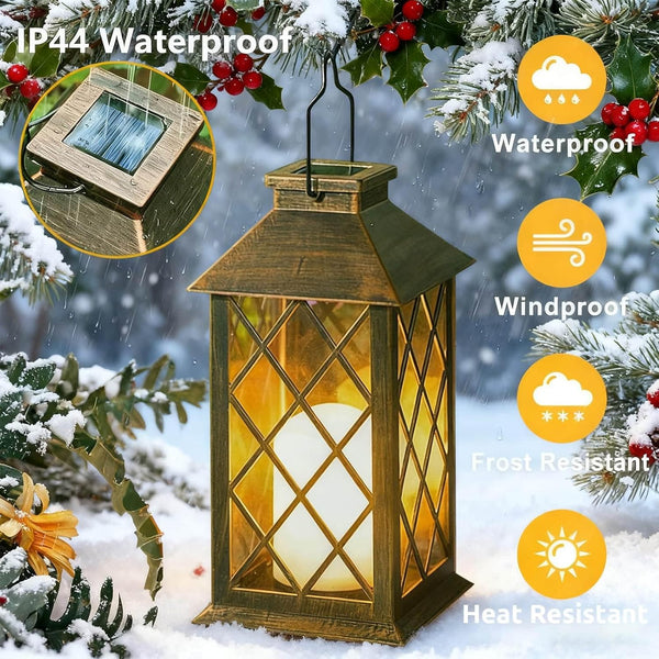 Solar Lanterns for the Garden, 2 Pack Garden Gifts, Waterproof Outdoor Lanterns with Flickering Flame Candle, Hanging Solar Lights Outdoor for Table Yard Pathway Wall Patio - Bronze