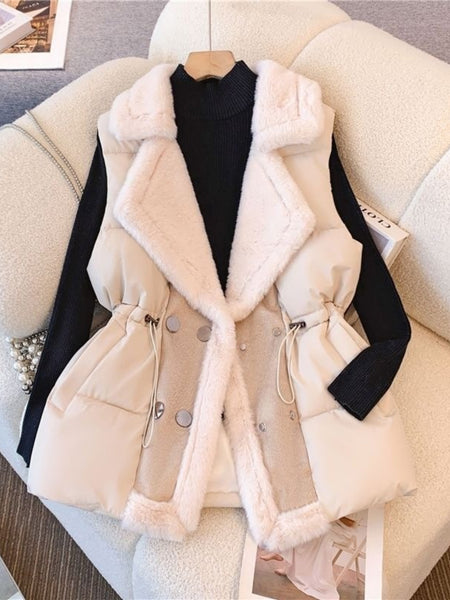 Women's Elegant Double-Breasted Winter Vest Jacket with Faux-Fur Trim & Collar - Structured Layered Coat for Fall/Winter, Casual to Formal Outfits - Solid Black or Brown (Hand Wash/Dry Clean) - Versatile Outerwear for Everyday & Special Occasions - 2025 N