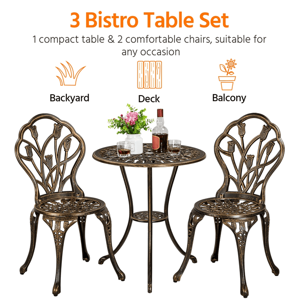 Costoffs 3pcs Patio Bistro Table Set with Umbrella Hole Outdoor Furniture Antique Aluminium Chair Rose Vine Dining Set for Garden Backyard Porch Balcony Lawn Pool