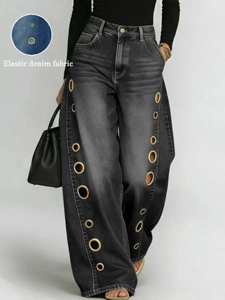 Women's Retro High Elasticity Denim Pants with Metal Circles Design- Long Versatile Jeans for Women, High-waist Trousers, Trendy Womens Clothes for Summer, All Seasons Style, Fabric, Hand Washable, Slim Fit, Suit for Daily Wear