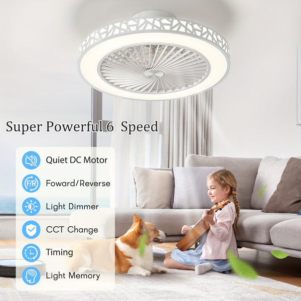 Ceiling Fan with Lights, 48.26cm Bladeless Enclosed Ceiling Fan Iron 48W Low Profile Flush Mount Fans 6 Speeds Dimmable 3000K-6500K Quiet Timing Bedroom Fan Light