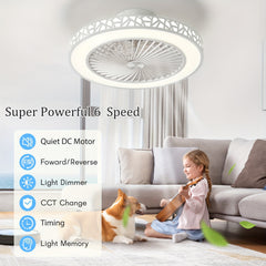 Ceiling Fan with Lights, 48.26cm Bladeless Enclosed Ceiling Fan Iron 48W Low Profile Flush Mount Fans 6 Speeds Dimmable 3000K-6500K Quiet Timing Bedroom Fan Light