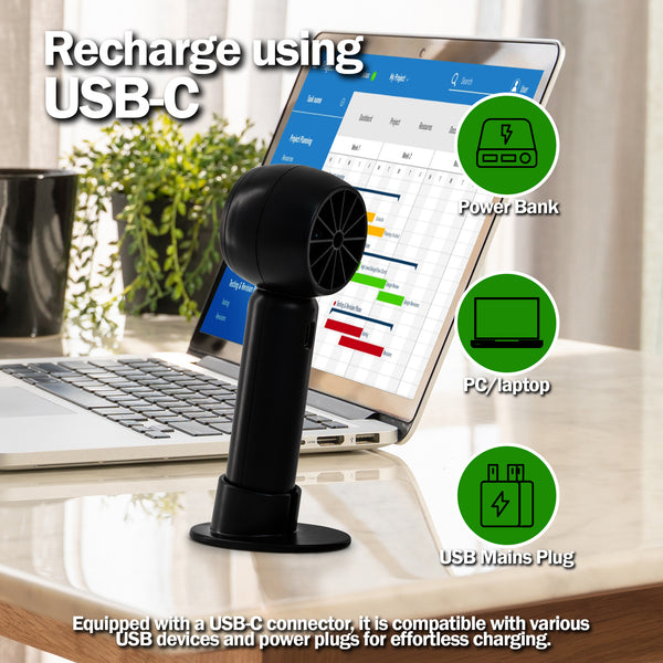 TANNESS 3 Speeds Handheld Fan - Rechargeable, Portable, Foldable With Detachable Base | USB Mini Hand Fan for Table, Desk - Quiet Standing Fan