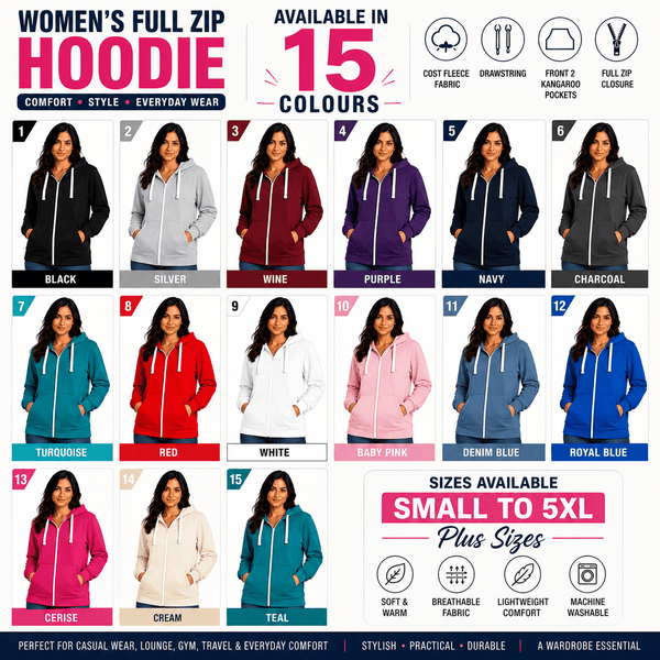 Women'S Fashion Zip-Up Hoodie - Ladies Fleece Plain Hooded Top - PLUS SIZES Small to XXXXXL S to 5XL (UK 8-22) Available in 15 Colours