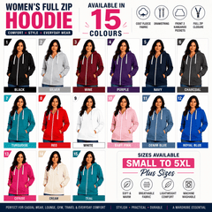 Women'S Fashion Zip-Up Hoodie - Ladies Fleece Plain Hooded Top - PLUS SIZES Small to XXXXXL S to 5XL (UK 8-22) Available in 15 Colours