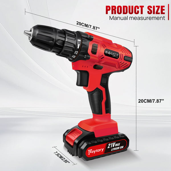 Cordless Drill Driver 21V, Electric Drill Kit with LI-ion Battery, Cordless Combi Screwdriver 25+1 Torque, 45N.m Max, 32pcs Accessory, 2 Variable Speed, LED Light for Home and Garden DIY Project 3/8