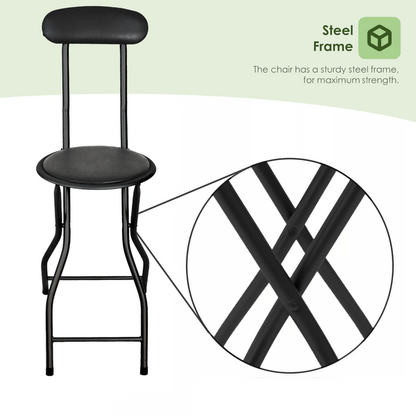 Black Folding Bar Stool Padded High Back Chair Stools For Breakfast Bars Kitchens Foldable Seat Non Slip Feet Durable Frame Lightweight Easy to Fold Ready to Use