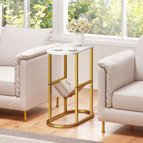 GOFLAME 2-Tier Narrow Side Table with Magazine Holder for Living Room Bedroom, White