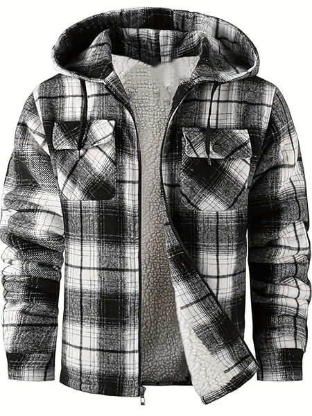 Men's Full-Zip Winter Sports Plaid Hoodie with Sherpa Lining, Warm Hooded Jacket