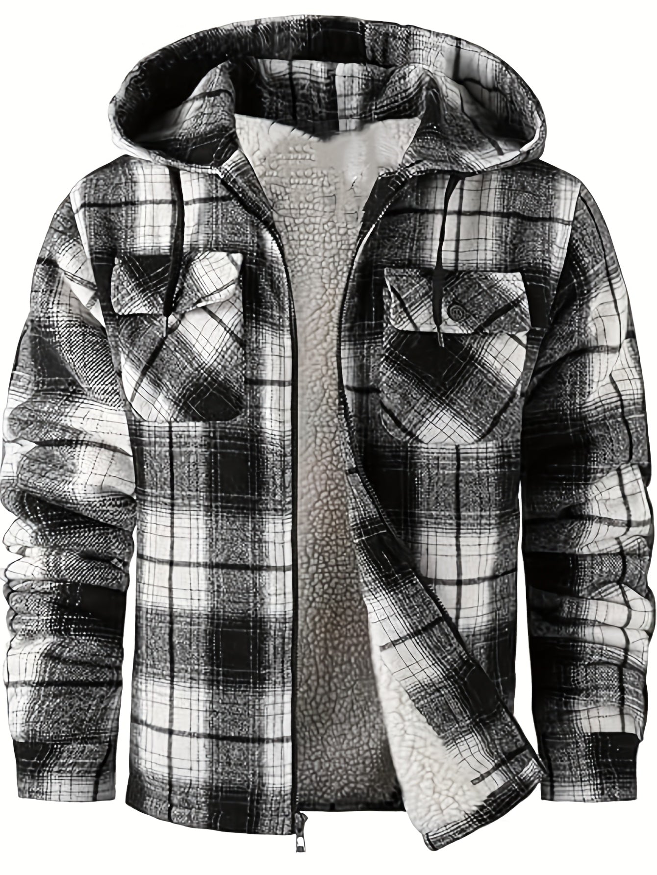 Men's Full-Zip Winter Sports Plaid Hoodie with Sherpa Lining, Warm Hooded Jacket