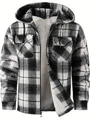 Men's Full-Zip Winter Sports Plaid Hoodie with Sherpa Lining, Warm Hooded Jacket
