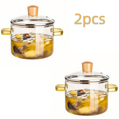 2pcs Glass Casserole Pot Suitable for All Stoves (Gas/Electric/Induction) - Thickened Heat-Resistant Shatterproof Soup Noodle Gravy Pot with Easy-Pour Spout & Even Heating Base, Heavy-Duty Glass Cookware for Home