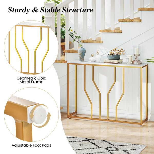 ERGOMASTER Gold Console Table, Modern White Faux Marble Entryway Table, Narrow Sofa Side Table with Geometric Metal Frame, for Living Room, Hallway & Entrance, 110 x 30 x 80 cm