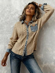 Women's Patchwork Denim Shirt Autumn/Winter Fashion Long-Sleeved Cardigan Versatile 2pcs Style Denim Collar Top Casual Vintage Aesthetic Ideal for Autumn/Winter Commuting, Office Wear, Casual Outings, and Layering