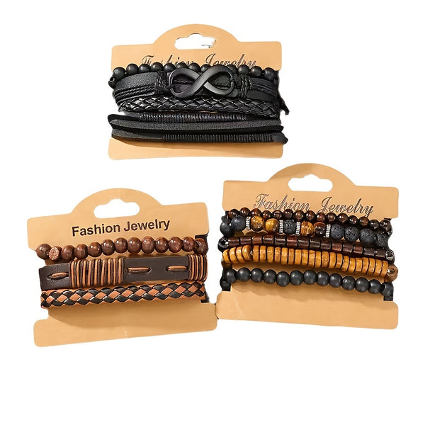 12pcs Men'S Bohemian Vintage Bracelet Set| Faux Leather Woven with Tiger Eye& Moonstone Beads| Multi-Layer Stackable Design| Casual& Party Jewelry| Trendy Boho Chic Accessories, Casual Attire, Gift for Men, Bohemian Style, Handcrafted Bracelets