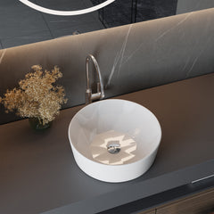 Bathroom Counter Top Ceramic Basin Sink Bathroom Vanity Cloakroom Hand Wash Basin Round Bowl with Pop Up Waste Drainer, White, 405x405x146mm, Faucet Not Included