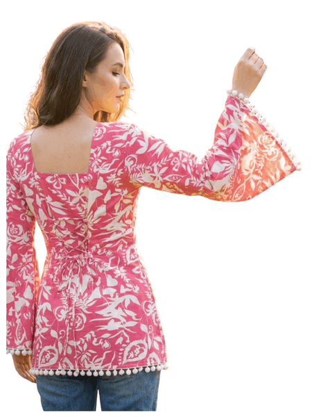 Estationeryhouse Cotton Printed Kurta Top, Long Sleeves, with White Tassels and Drawstring for Adjusting at Back