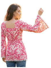Estationeryhouse Cotton Printed Kurta Top, Long Sleeves, with White Tassels and Drawstring for Adjusting at Back