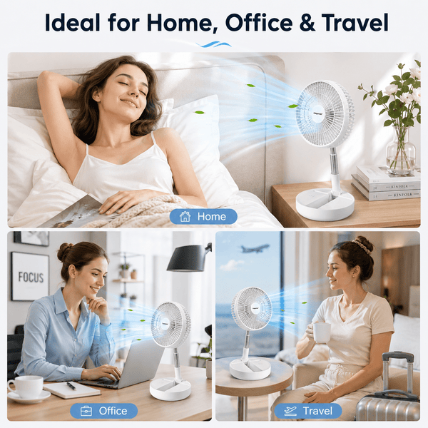 A2Z 8 Inch Rechargeable USB Foldable Desk Fan – Portable White Cooling Fan with Adjustable Height & Tilt, 5-Blade Quiet Operation, LED Indicator & Compact Design for Home, Office & Travel Use