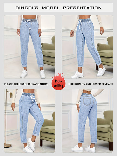 Ladies' 2026 New Elastic Waist Drawstring Slim-Fit Nine-Point Jeans, Acid-Washed Light Blue Rolled Hem Straight-Leg Denim Pants, Elegant Women'S Clothing, Tapered Pants Suitable for All Seasons, Pocketed Mom Jeans