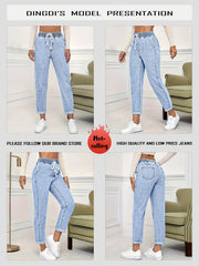 Ladies' 2026 New Elastic Waist Drawstring Slim-Fit Nine-Point Jeans, Acid-Washed Light Blue Rolled Hem Straight-Leg Denim Pants, Elegant Women'S Clothing, Tapered Pants Suitable for All Seasons, Pocketed Mom Jeans