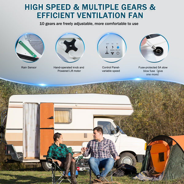 10 - Speed 12V RV Roof Vent Fan - Reversible, Rain Sensor, Ultra - Low Noise, Remote & Temp Monitoring