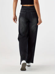 Women'S High-Waist Stretch Denim Wide-Leg Pants with Multiple Pockets, Distressed Vintage Casual Denim Long Pants