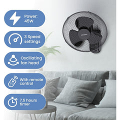 Schallen 16 Inch Wall Mounted Fan with Remote Control, Oscillating Cooling Fan 40cm, 3 Speed Settings, Timer Function, Quiet Wall Fan for Bedroom, Office, Kitchen, Garage, Home Cooling Fan UK, Adjustable Tilt Air Circulator, Energy Efficient Wall Fan Whit