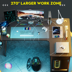 L Shaped Gaming Desk with Power Outlets Corner Computer Desk 110x80CM with Shelves Headphone Hook PC Table Workstation for Home Office Bedroom