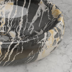 1pc Countertop Bathroom Sink, Black Marble Texture Oval Ceramic Wash Basin, Porcelain Ceramic Vessel Vanity Sink for Vanity Cabinet Cloakroom, Laundry Room, Bathroom, Washroom, 48x34x14cm