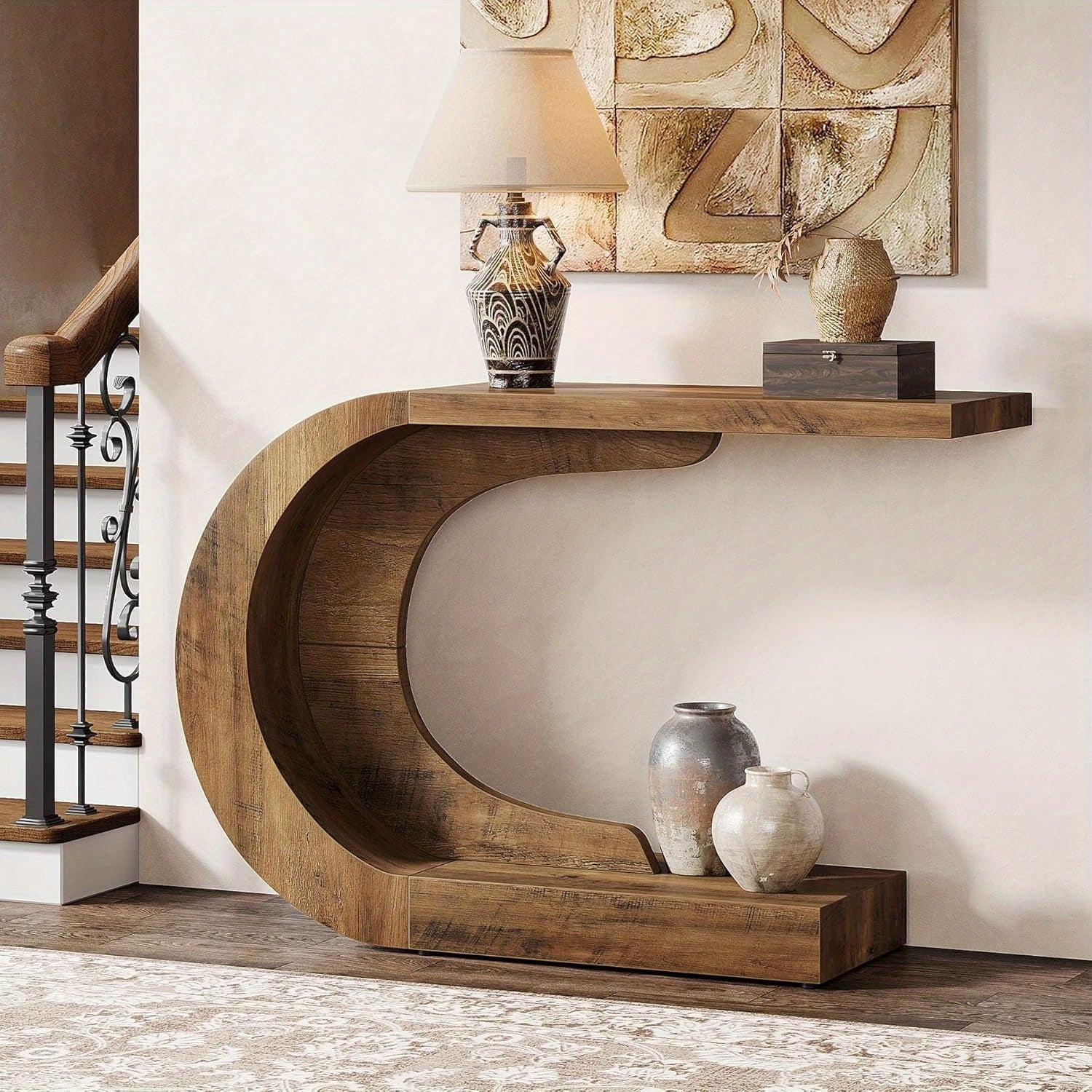 Mid-Century Modern C-Shaped Console Table 109.98 cm - Slim Engineered Wood Entryway Accent Table with Brown Finish, Easy Assembly for Living Room, Hallway, Foyer & Entryway, Console Table for Living Room, Hallway Furniture, Sturdy Furniture Construction