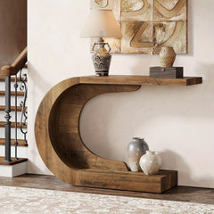 Mid-Century Modern C-Shaped Console Table 109.98 cm - Slim Engineered Wood Entryway Accent Table with Brown Finish, Easy Assembly for Living Room, Hallway, Foyer & Entryway, Console Table for Living Room, Hallway Furniture, Sturdy Furniture Construction