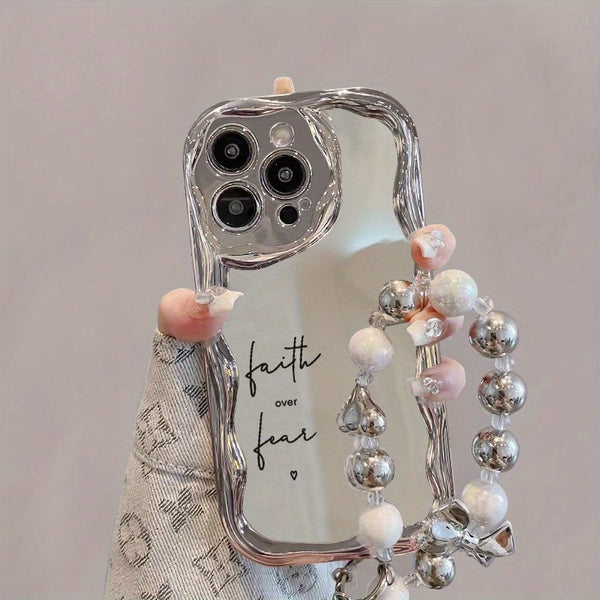 Mobile Phone Case with a Unique Electroplated Silver Design Featuring a Curved Edge Pattern And a Pearl Bracelet Lanyard. It'S Durable, Anti-Fall, And Compatible with Iphone 11 Through 16, Including Pro And Plus Versions