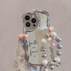 Mobile Phone Case with a Unique Electroplated Silver Design Featuring a Curved Edge Pattern And a Pearl Bracelet Lanyard. It'S Durable, Anti-Fall, And Compatible with Iphone 11 Through 16, Including Pro And Plus Versions