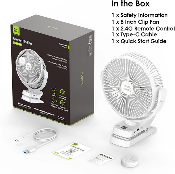 Minthouz 12000Mah Clip on Fan, 5 Speeds USB Desk Fan with Rechargeable Battery, 8 Inch, Max 29 Hrs, Remote Control & LED Display, Light, Timer, Personal Fan for Home Office Stroller Camping White