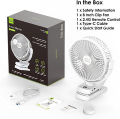 Minthouz 12000Mah Clip on Fan, 5 Speeds USB Desk Fan with Rechargeable Battery, 8 Inch, Max 29 Hrs, Remote Control & LED Display, Light, Timer, Personal Fan for Home Office Stroller Camping White