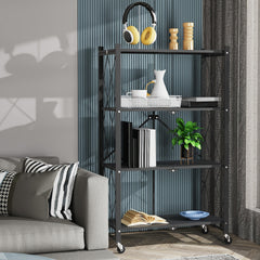 4 Tier Foldable Storage Shelf | Heavy Duty Collapsible Metal Shelf Rack with Wheels, Extra Thick Frame, No Assembly Required, Suitable for Kitchen, Pantry, Closet, Office, Bathroom, Garage Organize, Standing Shelf